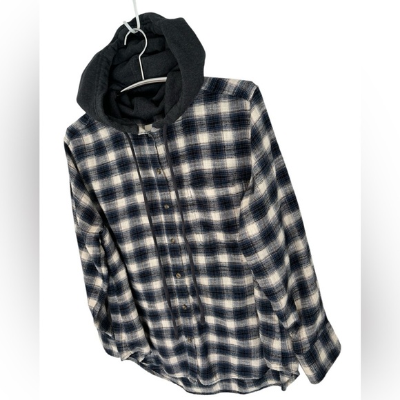 AMERICAN EAGLE PLAID FLANNEL HOODED BUTTON LONG SLEEVE SHIRT, SIZE L - Picture 2 of 9